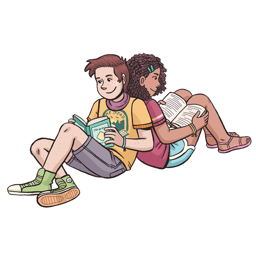 two teenagers leaning against each other reading